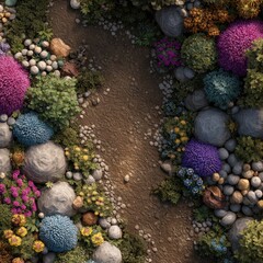 Colorful path through a garden of rocks and plants