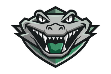 Gray alligator head shows sharp teeth and piercing eyes on a white background