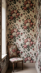 A vintage-style floral wallpaper pattern with large peonies in shades of pink, cream, and burgundy.