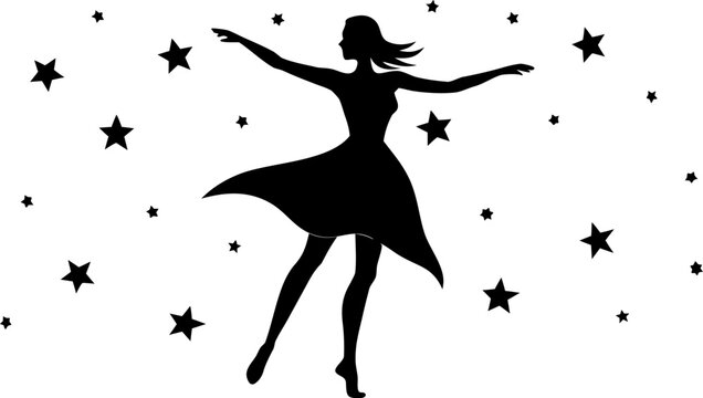 Silhouette of a woman dancing among stars symbolizing freedom and cosmic connection in a minimalist design