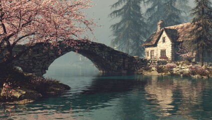 Misty, tranquil scene of a stone bridge over a lake, with a quaint cottage and blossoming cherry trees