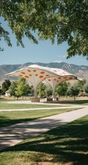 Park shelter with orange polka dots under trees