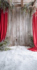 Red curtains, snow, wood wall, festive