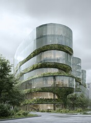 Fototapeta premium A modern architectural design showcases a unique building with curved glass walls and integrated green spaces, blending nature and structure.