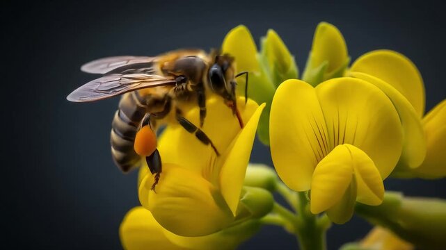 Honey Bee Collecting Pollen from Yellow Flower in Macro Shot with Dark Background in Natural Light