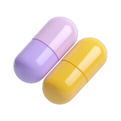 Two colorful pills, light purple and bright yellow, in close proximity