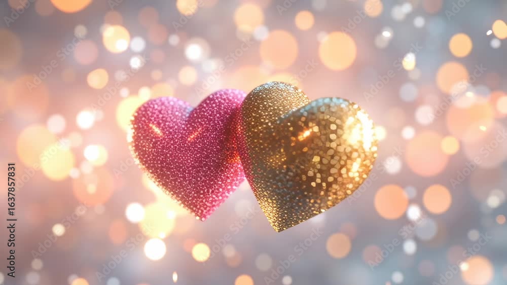 Poster two shimmering hearts glow with vibrant colors, creating a magical atmosphere. the sparkling backgro