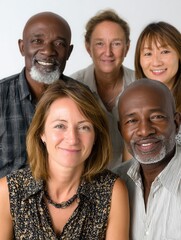 Diverse Group of Smiling Adults Posing Together in a Bright Studio