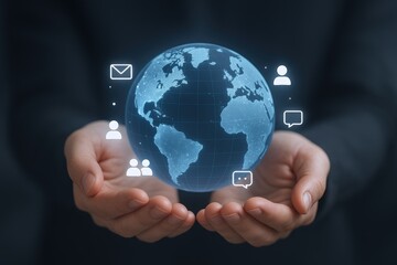 Global Network Technology: Person Holding Holographic Earth Displaying Communication and Social Connectivity Icons