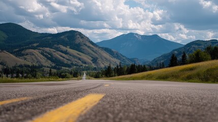 Fototapeta premium Scenic Mountain Road Leading to Distant Peaks Under a Cloudy Sky, Creating a Sense of Adventure