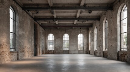 Spacious Empty Industrial Loft Interior with Concrete Walls, Arched Windows, and Polished Floor for Creative Projects