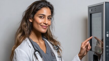 Smiling Female Doctor Engaging with Touchscreen Medical Device