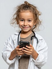 Young Girl Pretending to Be a Doctor with Smartphone and Stethoscope