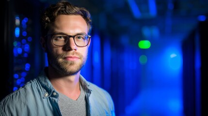 A man in glasses stands confidently in a high-tech server room,