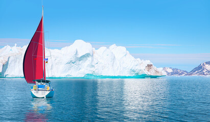 Giant iceberg breaks off near Greenland - Lone yacht with red sails - Greenland
