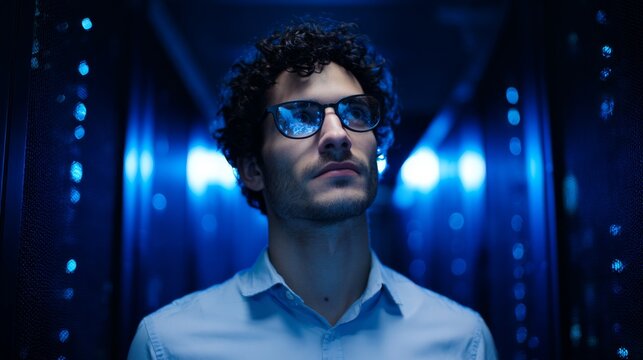 A person with curly hair stands in a server room illuminated by blue lights, wearing glasses and a light shirt,