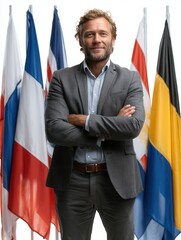 Confident Businessman Posing with International Flags in Background