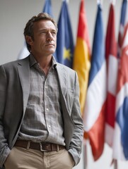 Thoughtful man in business attire standing near international flags