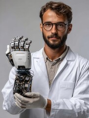 Portrait of a Scientist Holding a Robotic Hand in Laboratory Setting