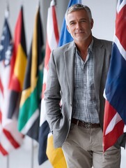 Confident Man Posing Amidst International Flags in Modern Space