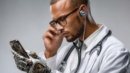 Male Doctor with Robotic Arm Using Smartphone Technology