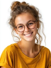 Smiling Young Woman with Glasses in Casual Outfit on White Background