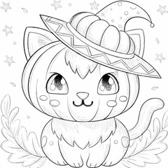 Playful Cat Coloring Page Illustration for Kids with Fun and Whimsical Design. Happy Halloween Cat