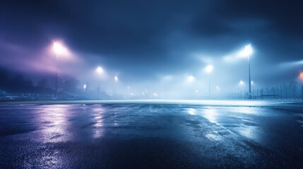 Cityscape at Night: Foggy Urban Landscape with Streetlights and Wet Asphalt, Evoking Mystery