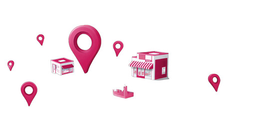 Pink location markers and a small shop