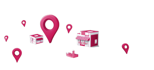 Pink location markers and a small shop
