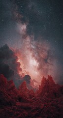Fototapeta premium Red rock formations meet a vibrant night sky with a milky way