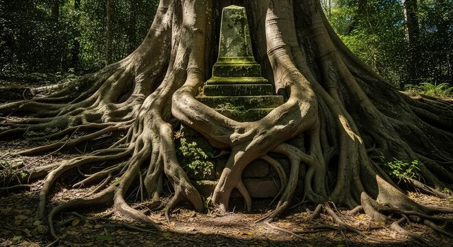 Nature's Throne: Ancient Tree Roots Engulfing a Mossy Stone Monument
