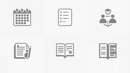 Icons of calendar, list, group, education and book isolated on white background
