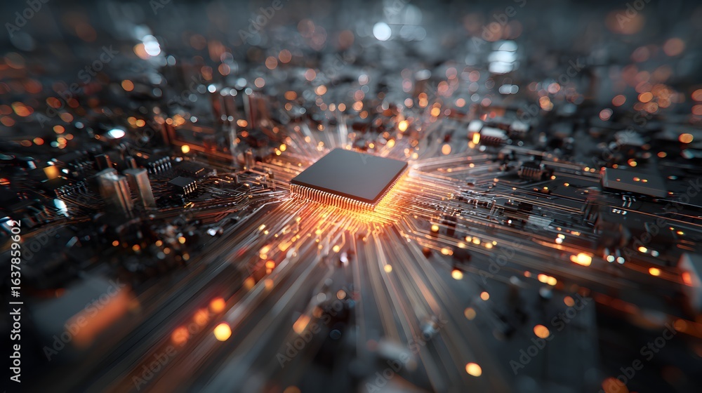 Aufkleber Close-up view of a complex circuit board with a central processor.