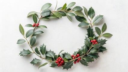 Christmas Decorations Holly Minimalist Concept A festive holly wreath with green leaves and red berries on a light background.