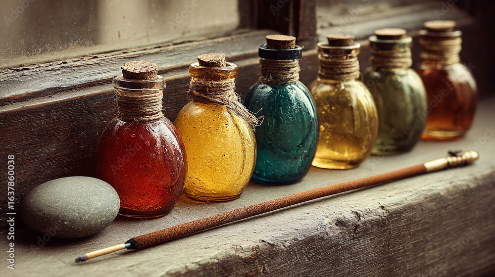 Poster a row of small bottles filled with different colored liquids.