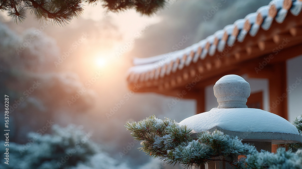 Poster a snow covered pagoda in front of a building with the sun setting behind it.