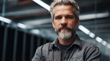 A mature man with neatly styled grey hair and a neutral expression stands with arms crossed in an industrial indoor sett