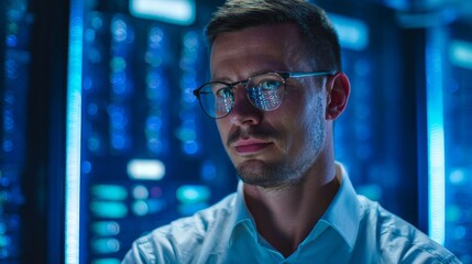 A man wearing glasses stands before illuminated panels and screens displaying digital information,