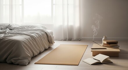 Morning routine: yoga mat, incense, and bedside reading for relaxation
