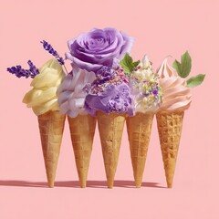 Ice cream cones arranged in a row, adorned with flowers and sprinkles.  Pastel colors
