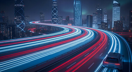 Urban Highway at Night with Car Light Trails