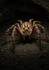 Frightening Huntsman Spider Staring Intensely on dark background