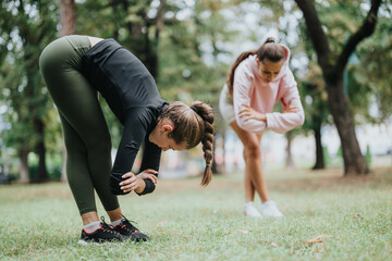 Two women perform stretching exercises on grass in a park, wearing athletic clothing and...