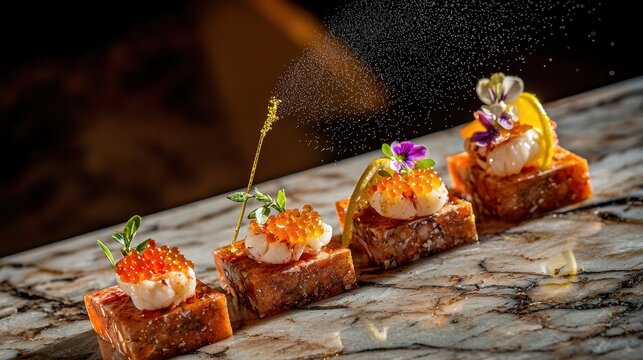 Amuse bouche elegant seafood canapГ&copy;s with translucent white fish crowned with orange caviar and colorful petals on textured marble backdrop