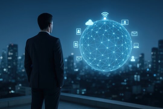 Businessman contemplating digital global network connectivity and communication over cityscape, symbolizing future technology, innovation, and global reach