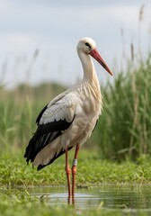 Fototapeta premium Graceful White Stork Standing in Wetland Habitat Wildlife Birdwatching