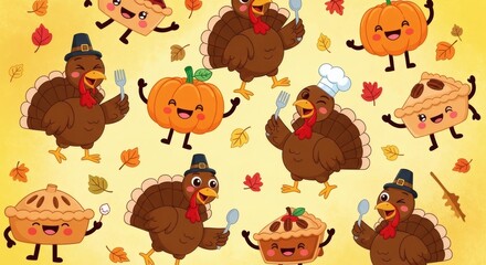 Whisking up a holiday feast, a cozy illustrated Thanksgiving wallpaper with pumpkin pies and autumn decorations on a rustic table.