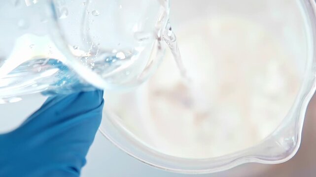 A close-up shot with a focus pull shows a scientist in blue gloves carefully pouring water from a beaker to create a chemical mixture for a laboratory experiment.