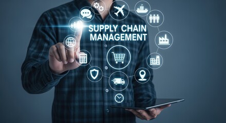 Fototapeta premium Supply Chain Management Concept: Person Interacting with Digital Interface Displaying Logistics and Network Icons